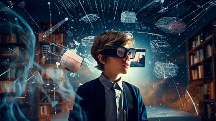 Wall Mural - smart schoolboy boy pupil with vr glasses studying at classroom. simulation science. student uses a 