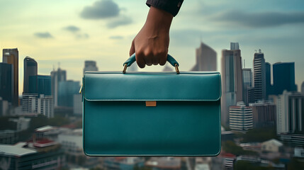 A professional's hand holding a teal briefcase