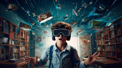 Wall Mural - surprised schoolboy boy pupil with vr glasses studying at classroom. simulation science. student use