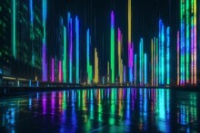 Matrix Neon Lights Rain Futuristic Architecture Busy City At NightBright Building