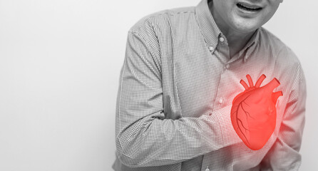 Senior asian adult elderly man with chest pain suffering from heart attack, health and medical, heart health, heart attack, world heart day, cardiovascular disease.insurance and hospital concept
