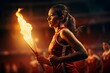 A female athlete runs with a torch through the stadium, holding the Olympic flame.