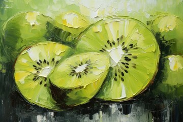 Wall Mural - palette knife textured painting kiwi Slice of fresh kiwi fruit