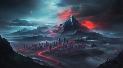 Wall Mural - fantasy mountain wallpaper 4k. fantasy mountain city wallpaper. Fantasy landscape of mountain with futuristic city and red moon. 