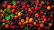 Closeup of fresh ripe fruits and berries texture background.