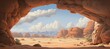 Inside sandstone cave entrance with scenic view of desert valley - midday sunshine shelter from the hot and dry weather - distant mountain buttes and rain clouds in the sky over valley. 