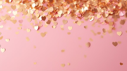 Wall Mural - Golden confetti and pink hearts on a pink background, copy space. Background of Valentines day concept.