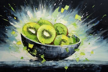 Wall Mural - palette knife textured painting kiwi Slice of fresh kiwi fruit