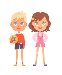 Wall Mural - Happy girl and boy cartoon vector illustration. Cute smart adorable young friends. Students after school. Concept of joyful healthy childhood and friendship