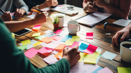 Wall Mural - close-up of a busy brainstorming session with multiple hands, colorful post-it notes, and documents 