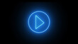 Glowing blue neon shine play button with neon circle. Wide gaming background with glowing play button. Press to play. Start button. Play button icon