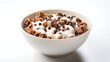 Tazón de cereales con chocolate, frutas y yogur