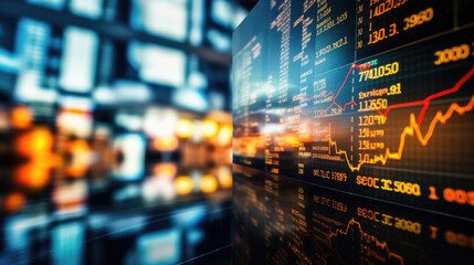 Canvas Print - Close-up of a digital screen displaying financial stock market data with graphs and analytics, illustrating market trends and investment analysis.