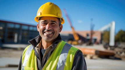 Wall Mural - Smiling construction worker, wearing a hard hat,and a reflective vest, stands confidently at a construction site.