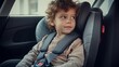 Kleines Kind sitzt im Kindersitz im Auto und schaut zur Seite