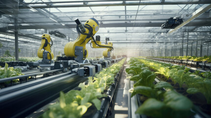 Wall Mural - Robotic arm tending to lettuce plants in a high-tech, indoor hydroponic farm, representing advanced agricultural technology and sustainable farming practices.
