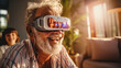A senior man is overjoyed exploring virtual worlds with a VR headset in a bright living room.