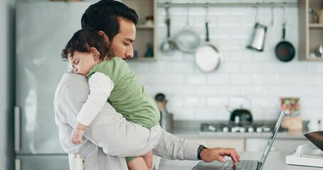 Canvas Print - Computer, remote work and father with baby in kitchen working from home for freelance, business and startup. Family, childcare and dad with child on laptop typing email, planning and online project