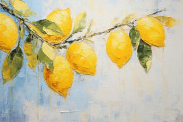 Wall Mural - palette knife textured painting lemon Fresh citrus fruit lemon on a branch with fruits green leaves