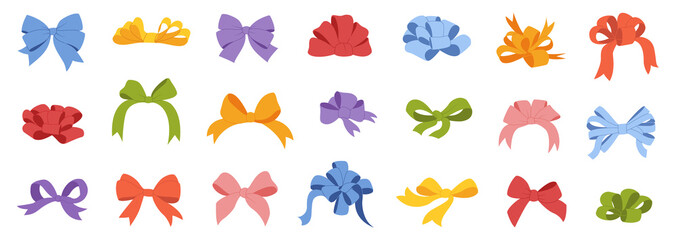 Colorful bows, gift bows. Simple hand drawn ribbon bow collection. Bowknot for decoration, big set 