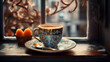 A cup of coffee in historic vintage style, exquisite crockery in dark gold and light azure, eastern-inspired scene