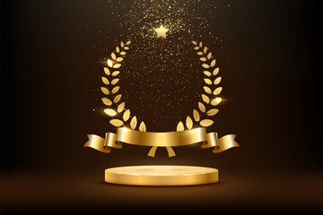Wall Mural - Gold award round podium with laurel wreath, ribbon, star, shiny glitter and sparkles isolated on dark background. Vector golden symbol of victory, achievement, success, rewarding of winner