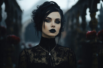 Beautiful gothic woman in black clothes on a background of an ancient cemetery