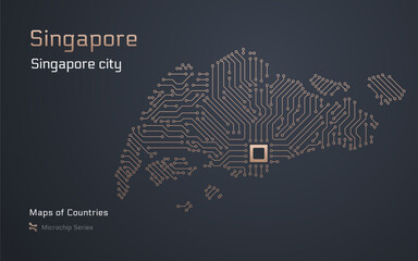 Wall Mural - Singapore Map with a capital of Singapore City Shown in a Microchip Pattern with processor. E-government. World Countries vector maps. Microchip Series