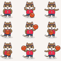 Cat Basketball set. Funny Cat doing Basketball. Cute cartoon character vector set isolated on a white background. Cartoon animal sport. Animal cartoon. 