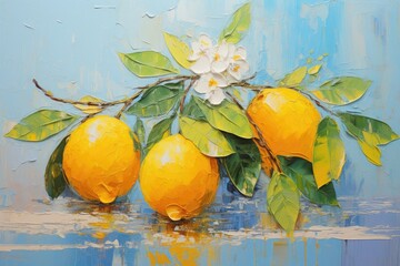 Wall Mural - palette knife textured painting lemon Fresh citrus fruit lemon on a branch with fruits green leaves