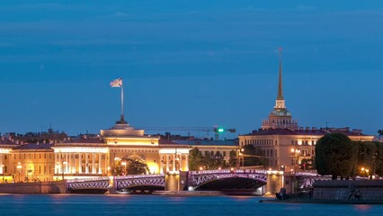 Canvas Print - Mesmerizing White Night Illumination: Timelapse panorama of Neva River Quay with Admiralty Building and Palace Bridge, Reflecting in Water, St. Petersburg, Russia