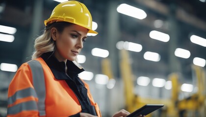 Wall Mural - Professional Heavy Industry Engineer_Worker Wearing Safety Uniform and Hard Hat Uses Tablet Computer