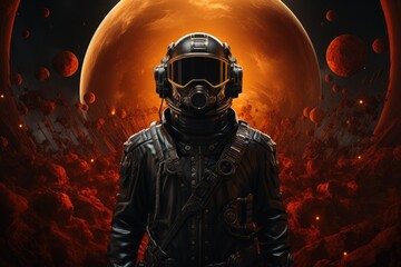 a mysterious figure clad in a sleek black suit stands before a vibrant orange planet, evoking the th