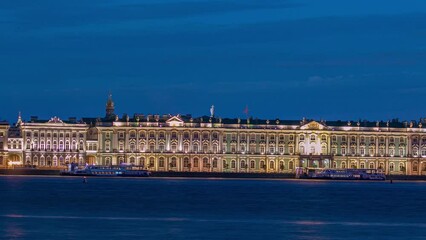 Wall Mural - Timelapse showcasing the Palace waterfront, Winter Palace, and the backdrop of Church of the Savior on Spilled Blood. Viewed from Mytninskaya waterfront, captivating perspective of St. Petersburg