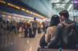 Concept of love language and travel. Back side view, Close up at young couple's hand wrap around their waist and hug in the Airport. Blur background of crowd traveler.