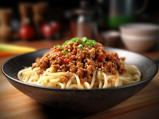 Spicy Sichuan-style noodles with minced pork on wooden table