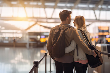 Concept of love language and travel. Back side view, Close up at young couple's hand wrap around their waist and hug in the Airport. Blur background of crowd traveler.