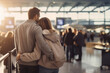 Concept of love language and travel. Back side view, Close up at young couple's hand wrap around their waist and hug in the Airport. Blur background of crowd traveler.