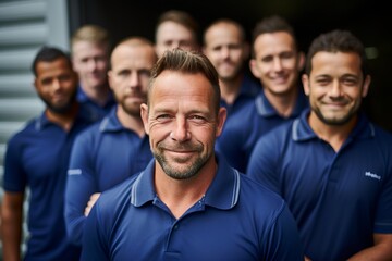 a group photo of a team of company workers wearing blue shirts and looking to camera