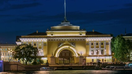 Canvas Print - Mesmerizing White Night Illumination: Timelapse of Neva River Quay with Admiralty Building and Palace Bridge, Reflecting in Water, St. Petersburg, Russia