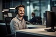 AI generated illustration of a man employee wearing a headset while working in a dynamic call center