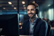 AI generated illustration of a man employee wearing a headset while working in a dynamic call center