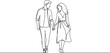 continuous single line drawing of couple walking hand in hand, line art vector illustration