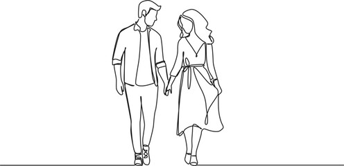 continuous single line drawing of couple walking hand in hand, line art vector illustration