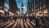 Fototapeta Londyn - Walking people blur. Lots of people walking in the City of London. Wide panoramic view of people crowded