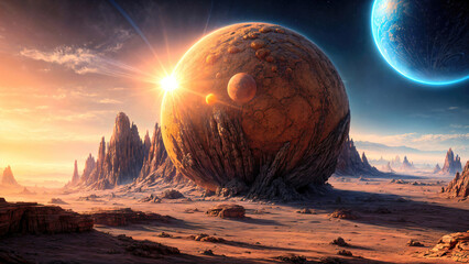 Wall Mural - alien planet landscape with glowing sun and mountains with fantastic rocks formations 3d illustratio