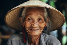 Portrait Of An Old Vietnamese Peasant Woman With A Traditional Hat Looking To Camera With A Smile