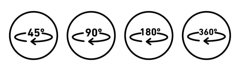 Fototapete - Angle 45 to 360 degrees icon. geometric mathematical angle radian of 45, 90, 180, 360 degree  rotation arrow symbol set. angle turn rotation or swivel degree vector line logo