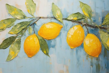 Wall Mural - palette knife textured painting lemon Fresh citrus fruit lemon on a branch with fruits green leaves