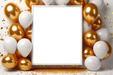 A Empty Transparent Frame With Balloons And Gold Glitter On It, PNG File, Birthday And Party